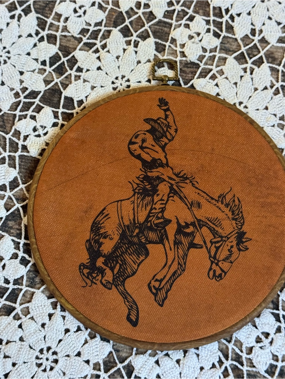 Vintage Cowboy Bucking Bronco Embroidery Hoop Wall Art Western Decor